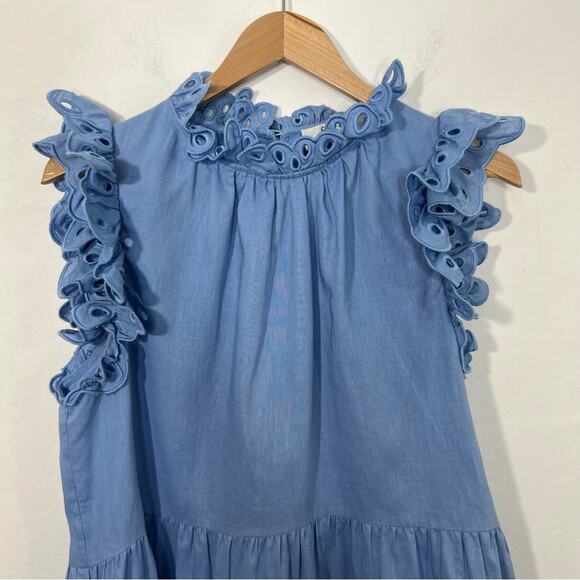 Sea Tiered Waverly Flutter Sleeves Ruffle Trim Carolina Blue Dress Size 8 - Picture 7 of 16